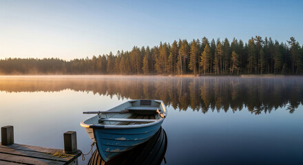 Obraz premium Wooden boat on calm lake with forest reflection