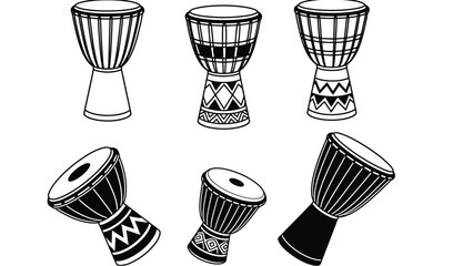 Black and white illustration of various djembe drums with unique designs and patterns