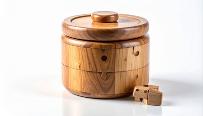 Small wooden jar with lid next to two wooden jigsaw puzzle pieces on white background.
