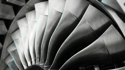 A close-up, abstract view of the brushed metal blades of a jet engine or industrial turbine fan, highlighting the aerodynamic curved design and heavy steel texture.