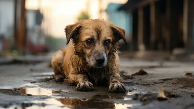 lonely sad street dog sit outside animation