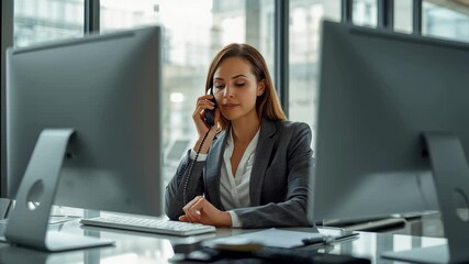 Professional businesswoman working at modern office desk with dual monitors, focused corporate workflow, communication and productivity setting - Powered by Adobe