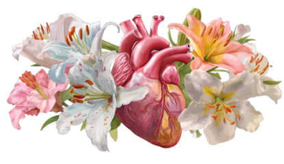 Anatomical heart surrounded by a vibrant bouquet of colorful lilies