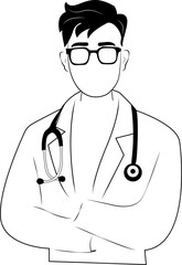 A male doctor in a medical coat stands with his arms crossed. Medical consultations. Medicine and healthcare. Qualified specialist. Confident in his knowledge.