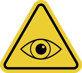 Eye sign. Visual control or surveillance. Yellow warning road sign. Surveillance in progress. Area under visual surveillance.