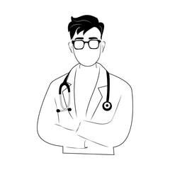 A male doctor in a medical coat stands with his arms crossed. Medical consultations. Medicine and healthcare. Qualified specialist. Confident in his knowledge.