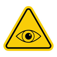 Eye sign. Visual control or surveillance. Yellow warning road sign. Surveillance in progress. Area under visual surveillance.