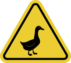 Goose sign. Duck sign. Presence of geese, ducks, or other poultry in the area. Yellow warning road sign. Unpredictable bird behavior and risk of collision or injury.
