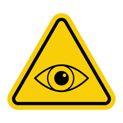 Eye sign. Visual control or surveillance. Yellow warning road sign. Surveillance in progress. Area under visual surveillance.