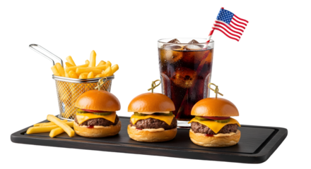 Three cheeseburgers on a black tray with fries and a glass of soda