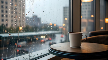 Coffee cup on table near window with raindrops and blurred city outside, cozy emotional