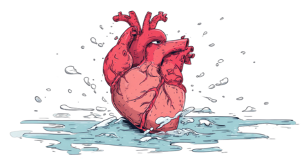 Vivid anatomical heart emerging from a splashing pool of icy blue water