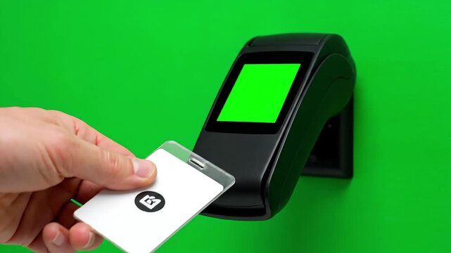 Person using a contactless access badge reader with a bright green screen background for keying in