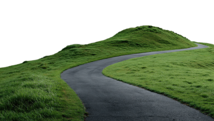 A paved road winds through rolling green hills under a black sky