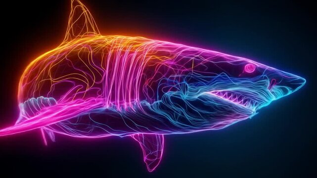 Neon wireframe shark glows in orange, pink, blue hues against dark, translucent ocean. vibrant glow