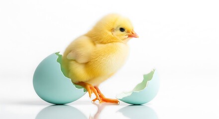 A yellow chick standing between two halves of a broken blue eggshell on a white background.