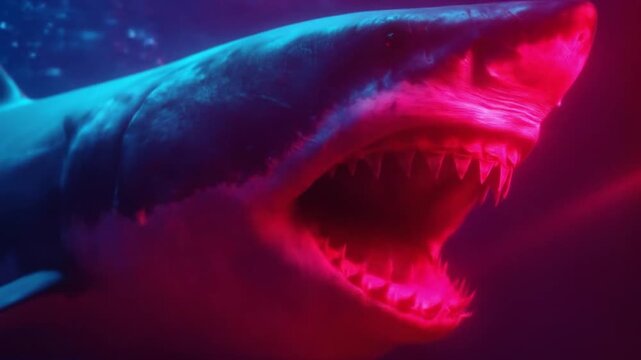 Underwater neon-lit shark bares jagged teeth as blue-pink light floods the scene, alive. Night glow!