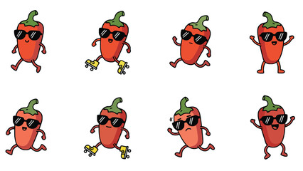 Cartoon chili peppers wearing sunglasses in various fun poses and expressions