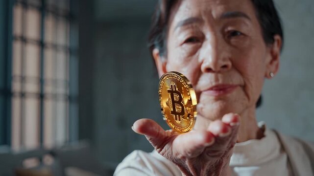 Senior woman holds bitcoin coin with confidence. She symbolizes financial growth and modern investment. Digital currencies reshape economy and personal finance. Embrace cryptocurrency now.