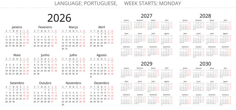 Set of 2026, 2026, 2027, 2028, 2029, 2030 year portuguese calendars. Printable vector illustration Portugal