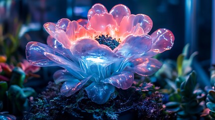 Luminous futuristic flower with glowing pink and blue translucent petals