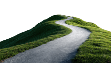 A winding path curves over a grassy hill against a black background