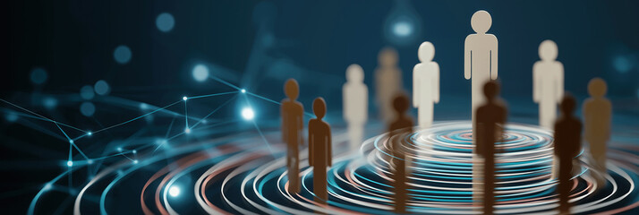Stylized figures stand in concentric waves symbolizing influence within connected community.