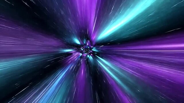 Abstract hyper space jump with purple and blue light trails, creating a dynamic and futuristic visual effect.