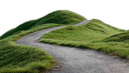 Winding asphalt path through lush green rolling hills under a dark sky