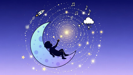 Naklejka premium Child on crescent moon reaching for star surrounded by swirling galaxy music notes and rocket representing dreams and imagination