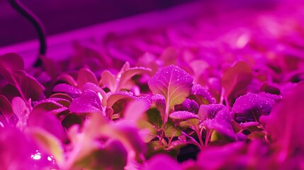 Hydroponic farm seedlings under purple LED grow lights with water droplets