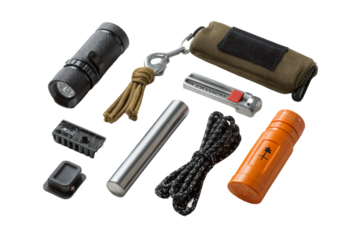 Professional emergency survival kit isolated on transparent background