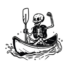 Skeleton Paddling a Canoe On Water Line Art Illustration.