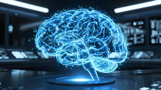 Glowing brain in futuristic control room