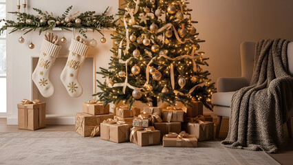 Cozy christmas living room with tree and gifts