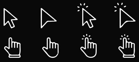 white line hand cursor icons set vector black background 