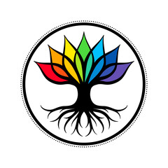 Esoteric spiritual vector illustration - grounding tree with roots and chakras colors.