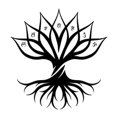 Esoteric spiritual vector illustration - grounding tree with roots and chakras symbols.