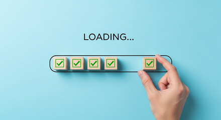 Progress Loading Bar Concept with Wooden Blocks and Check Marks: Productivity, Task Completion, and Goal Achievement