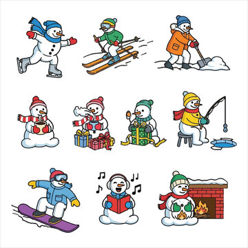 Snowmen enjoying winter activities and holidays
