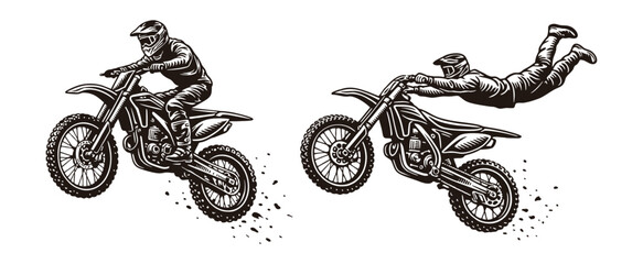 Two motocross riders performing high jumps and stunts mid air. © Alex