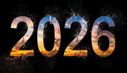 The year 2026, text filled with a sunset over a black background