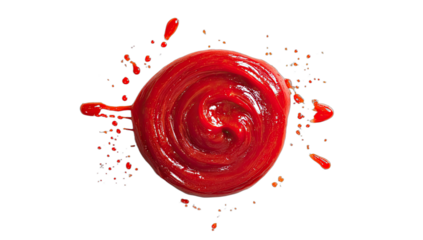 Red sauce swirling in a viscous blob, with splatters against black