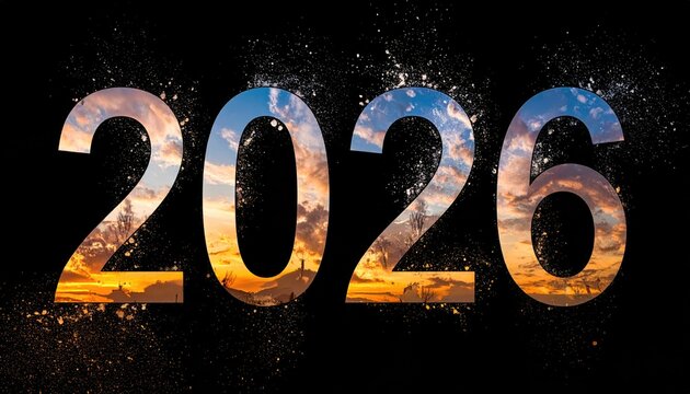 The year 2026, text filled with a sunset over a black background - Powered by Adobe