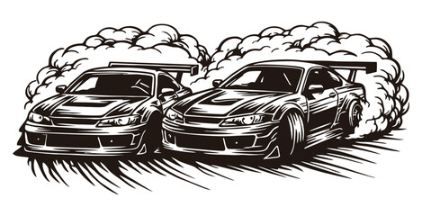 Two powerful drift cars sliding sideways with massive smoke clouds. © Alex