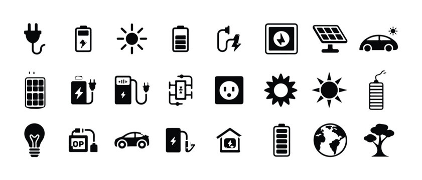 Green energy and eco friendly icons collection featuring solar panels electric car and battery vector