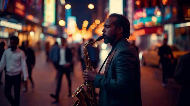 Street musician playing saxophone at night in vibrant city crowd with neon lights, urban jazz performance atmosphere and lively cultural mood