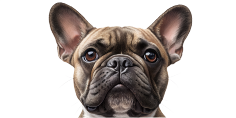 Close-up portrait of a French bulldog head looking at the camera. Detailed realistic dog face isolated on transparent background.