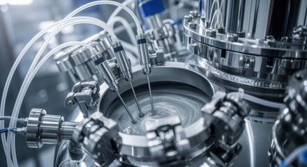 Detailed view of sensor probes inserted into a monoclonal antibody bioreactor vessel for precise pH and oxygen monitoring during cell cultivation.