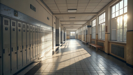Obraz premium Empty school hallway with lockers, soft sunlight entering through windows, calm atmosphere before classes